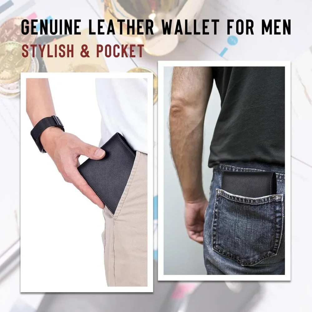 Men's Orange Front Coin Pocket Flip Up Leather Wallet Card Blocking Slim Bifold